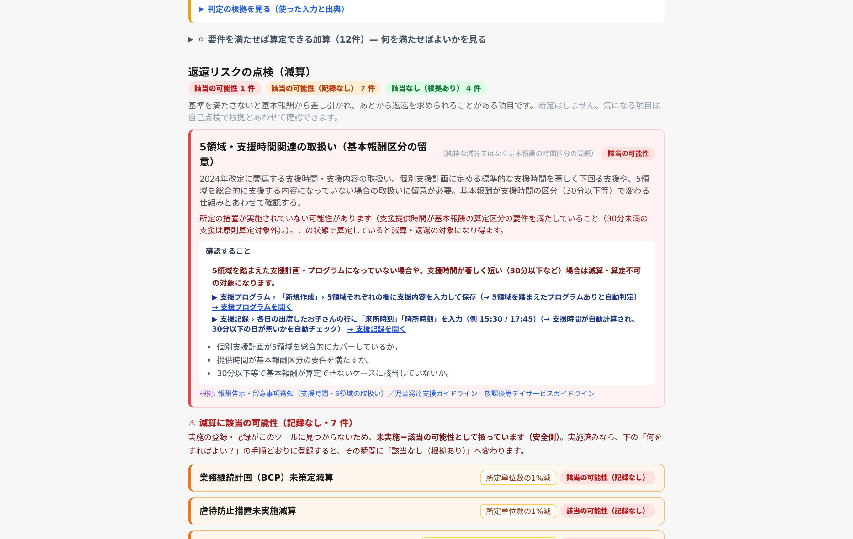 減算・返還リスクの確認画面。該当のおそれがある項目が根拠付きで表示される